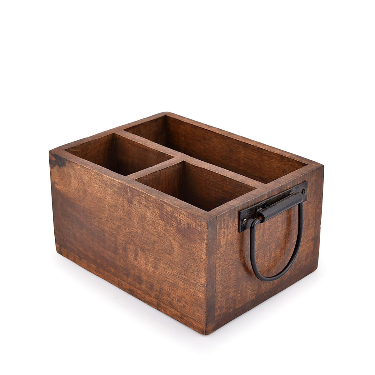 EDHAS 3-compartment flatware caddy left view highlights mango wood organization for the kitchen.