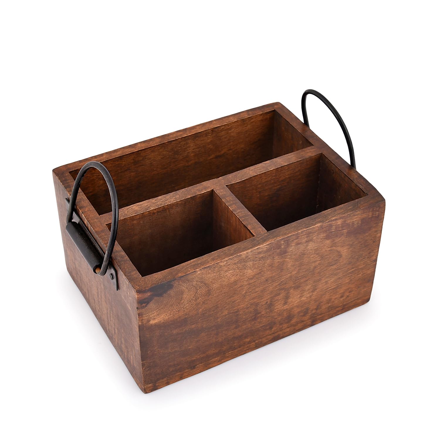 EDHAS flatware caddy with metal handles from the side shows portable storage.