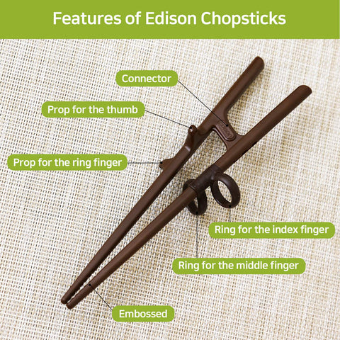 Edison Friends left-handed training chopsticks show middle and index finger guides.