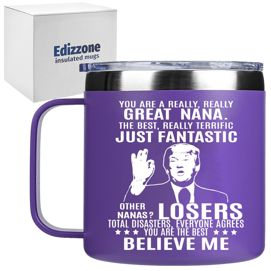 Edizzone Nana Gifts 14oz cup close lid view for spill-resistant, portable use