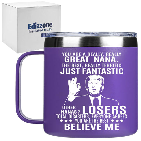 Edizzone Nana Gifts 14oz cup close lid view for spill-resistant, portable use