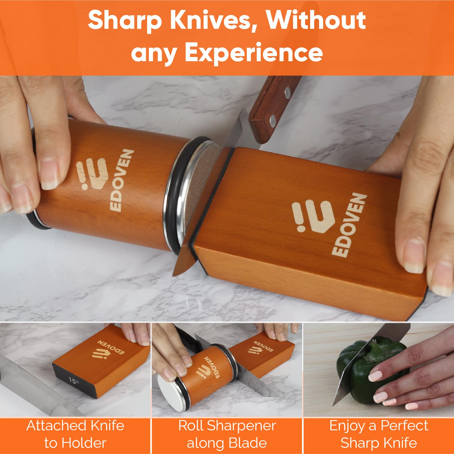 EDOVEN magnetic knife guide holds blades securely during sharpening.