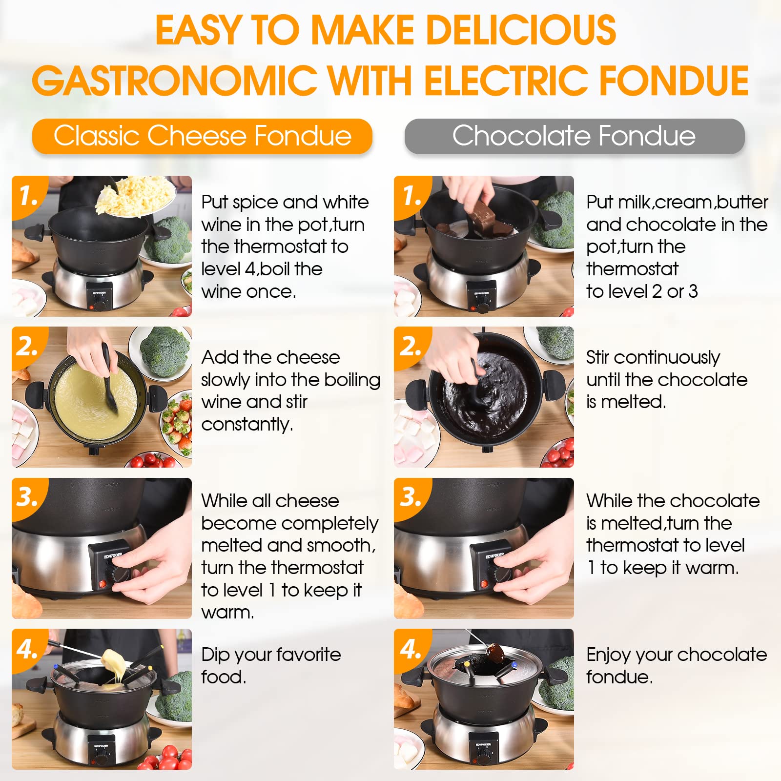 EDWODER chocolate fondue demo showing smooth melting and dipping
