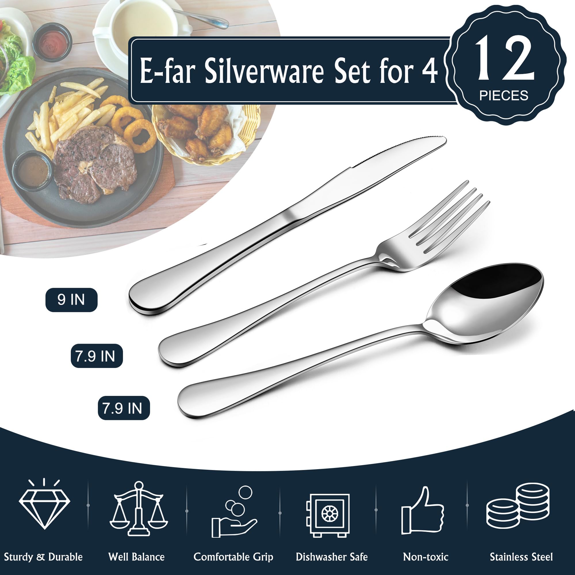 E-far 8-inch dinner forks with balanced handle for comfortable meals