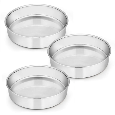 E-far 8-inch cake pan set outer view shows sturdy stainless steel for even baking.