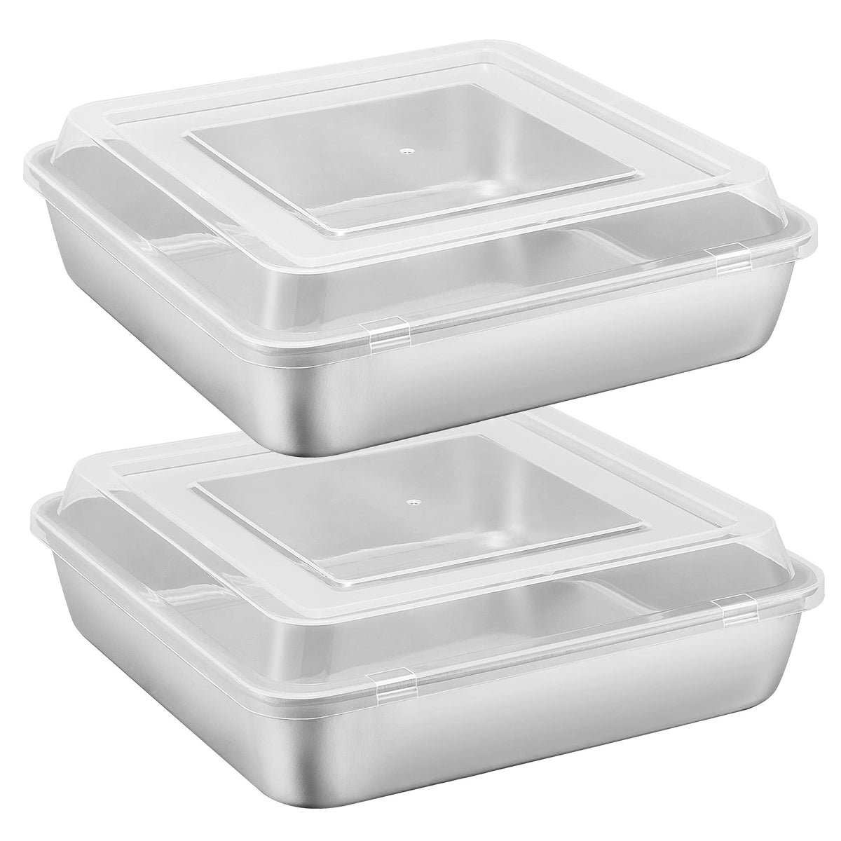 E-far 9-inch square cake pan with lid, stainless steel for safe storage.