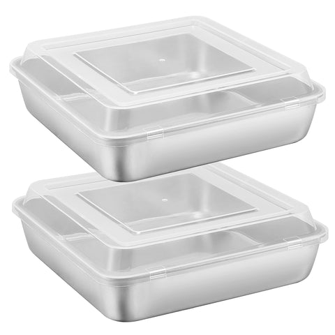 E-far 9-inch square cake pan with lid, stainless steel for safe storage.