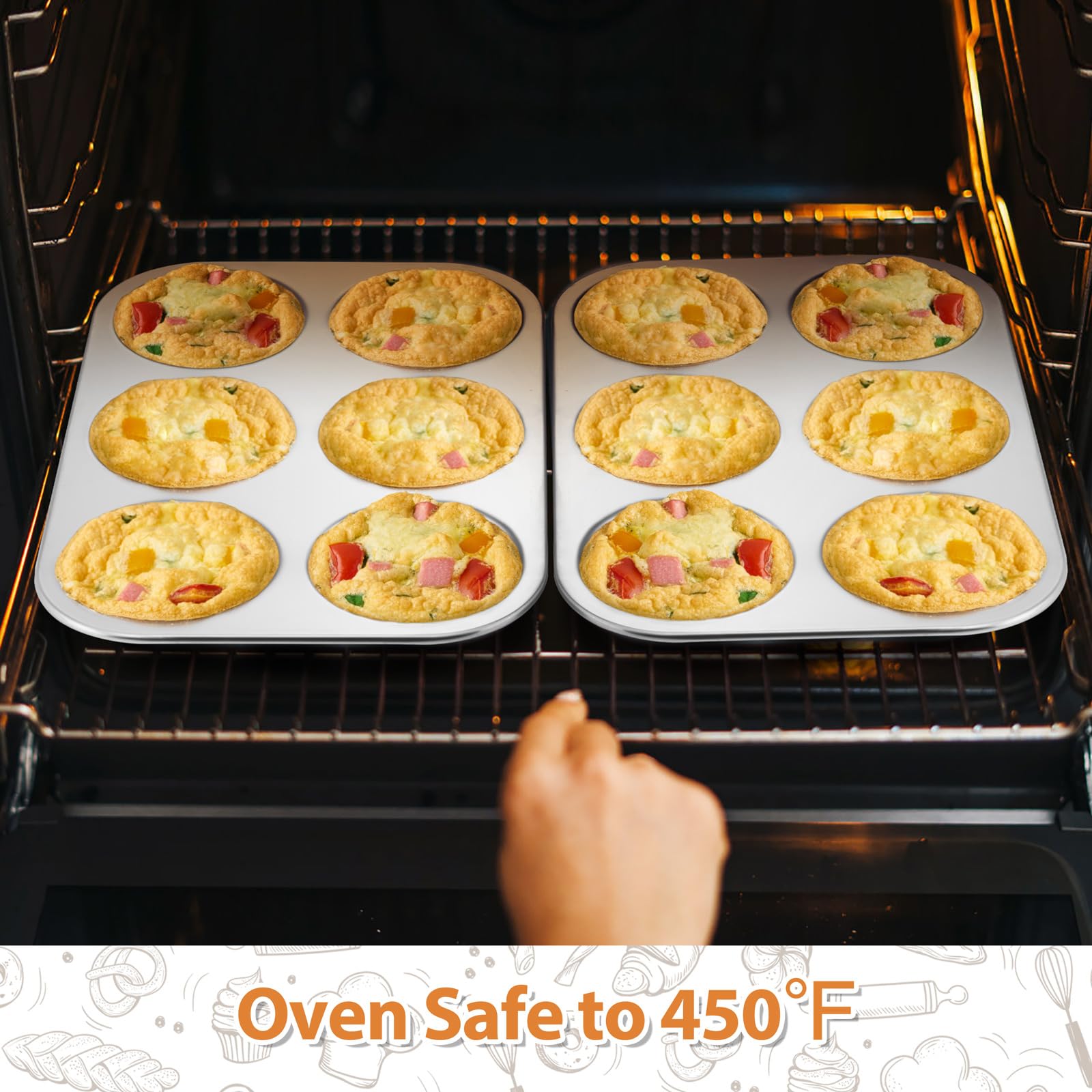 E-far compact stackable muffin top pan saves kitchen space in small kitchens.