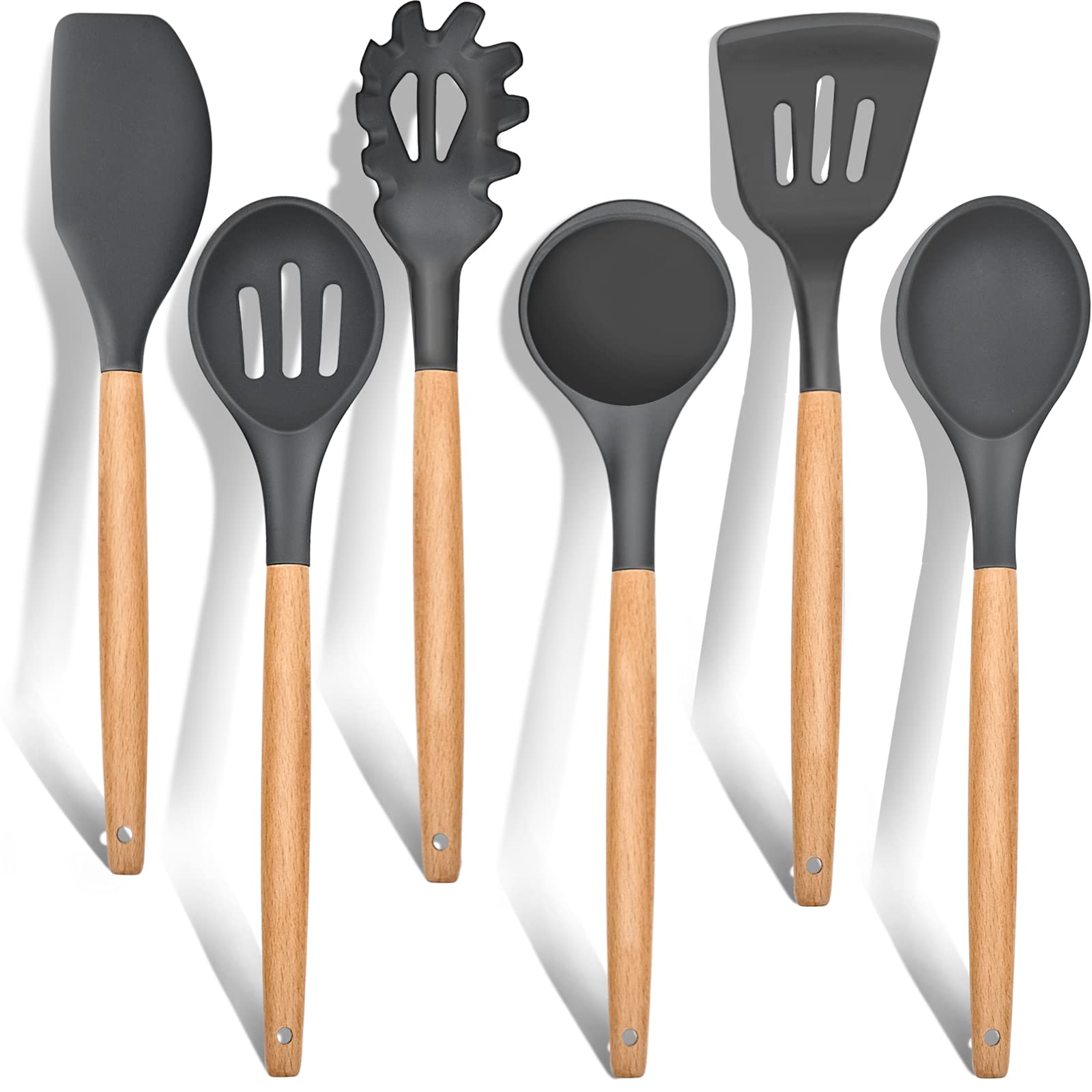 E-far 6-piece silicone utensil set with gray heads for safe non-stick cooking.