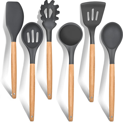 E-far 6-piece silicone utensil set with gray heads for safe non-stick cooking.