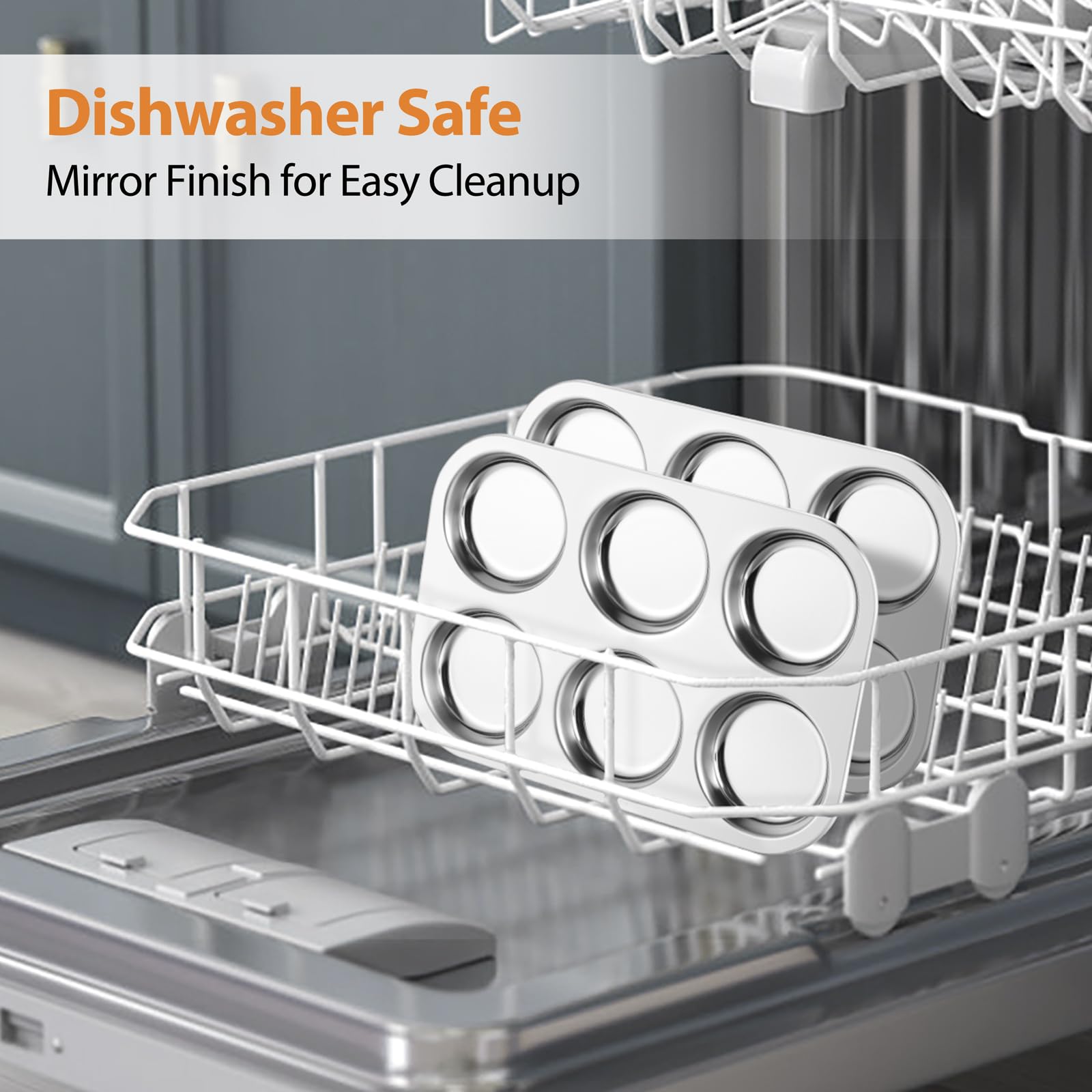 E-far dishwasher-safe muffin top pan ready for easy cleanup after baking.