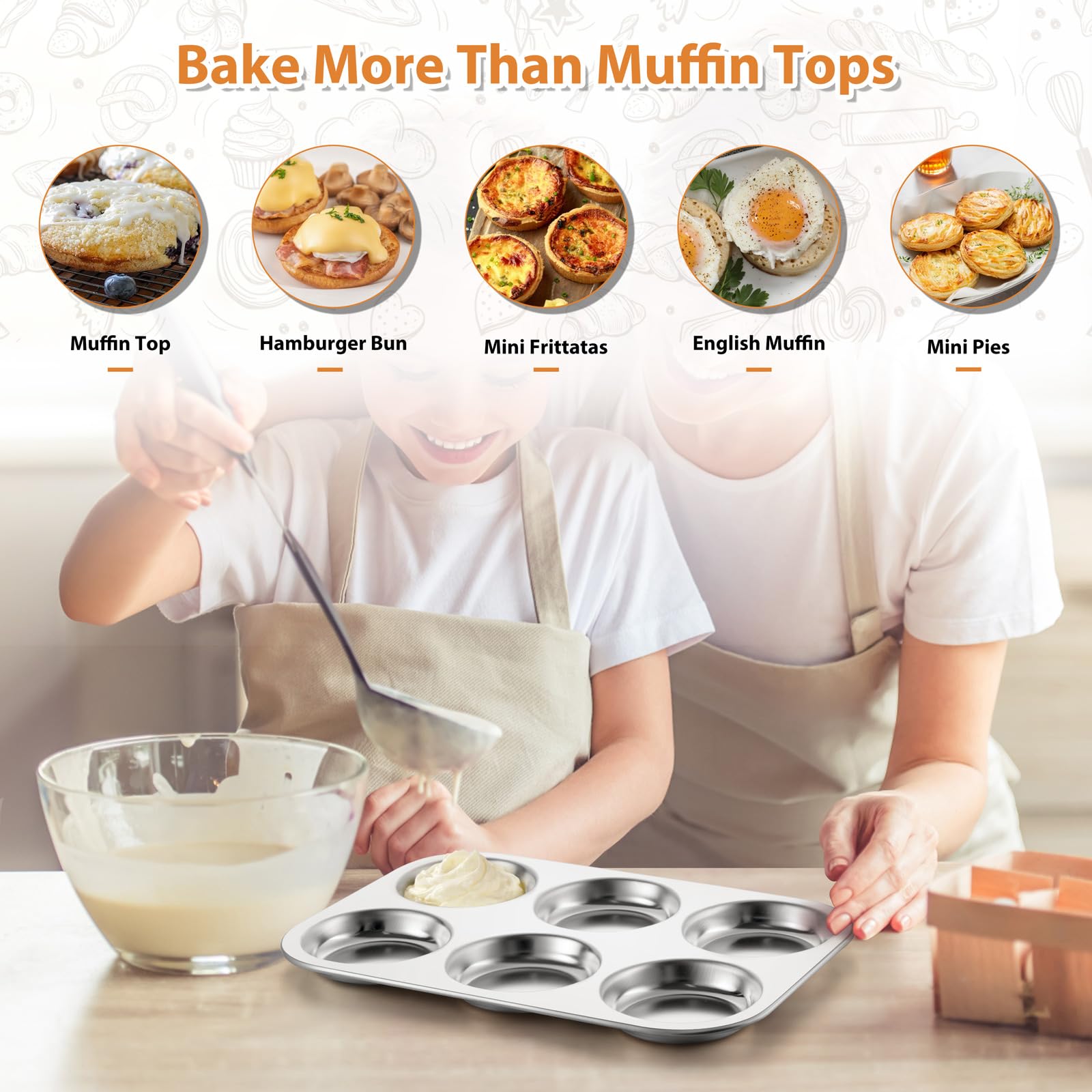 E-far muffin top pan used to create egg patties and mini pizzas.