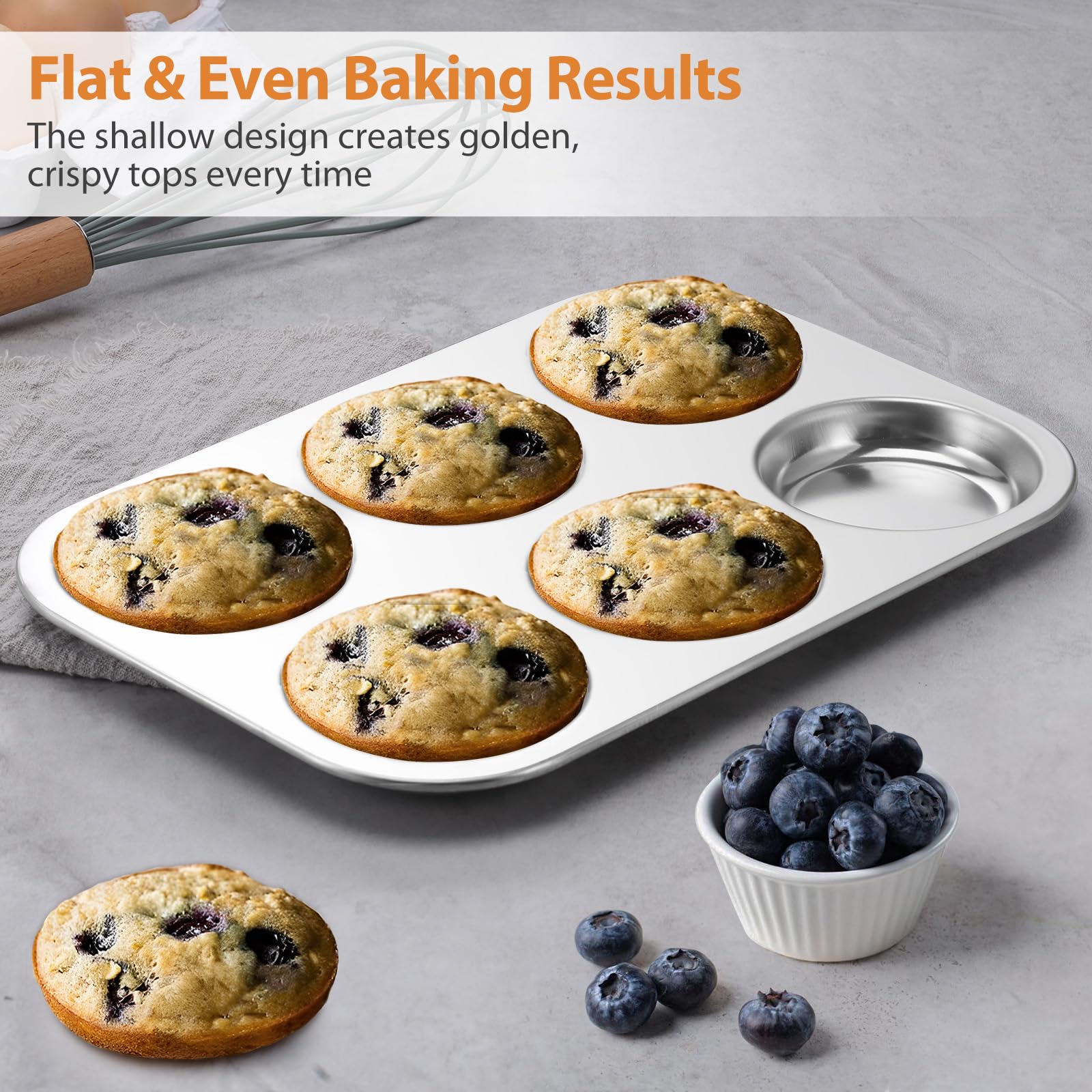 E-far pan used for flat-top bakes like eggs and small patties in muffin cups.