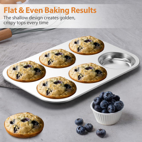 E-far pan used for flat-top bakes like eggs and small patties in muffin cups.