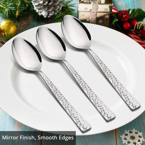 E-far hammered edge design on dinner spoons enhances grip and table presentation