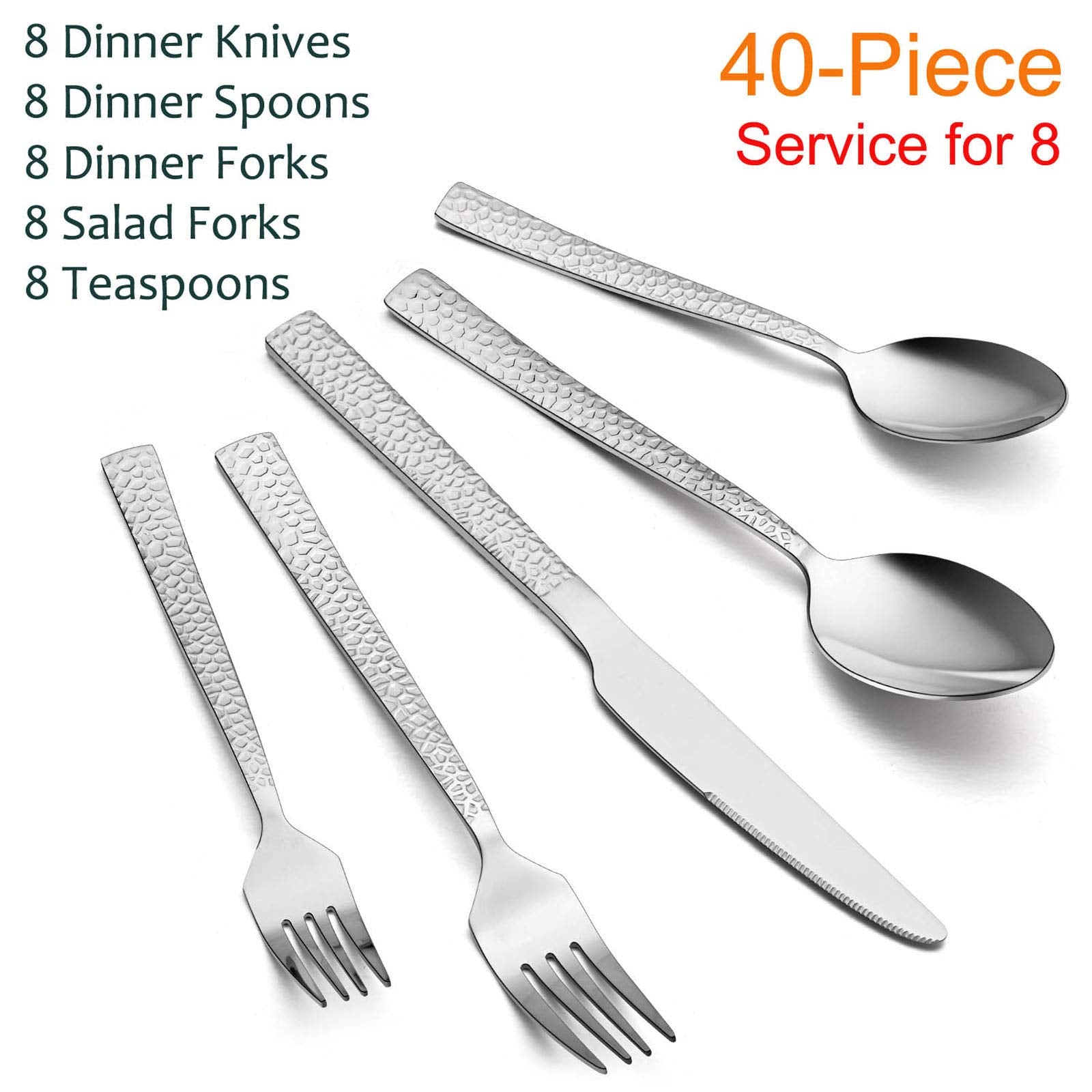 E-far hammered silverware set with dinner forks, elegant square handles, easy to clean