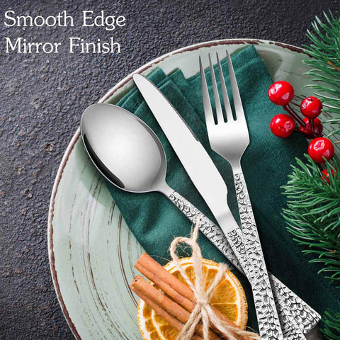 E-far hammered silverware set close-up of salad forks highlighting mirror finish