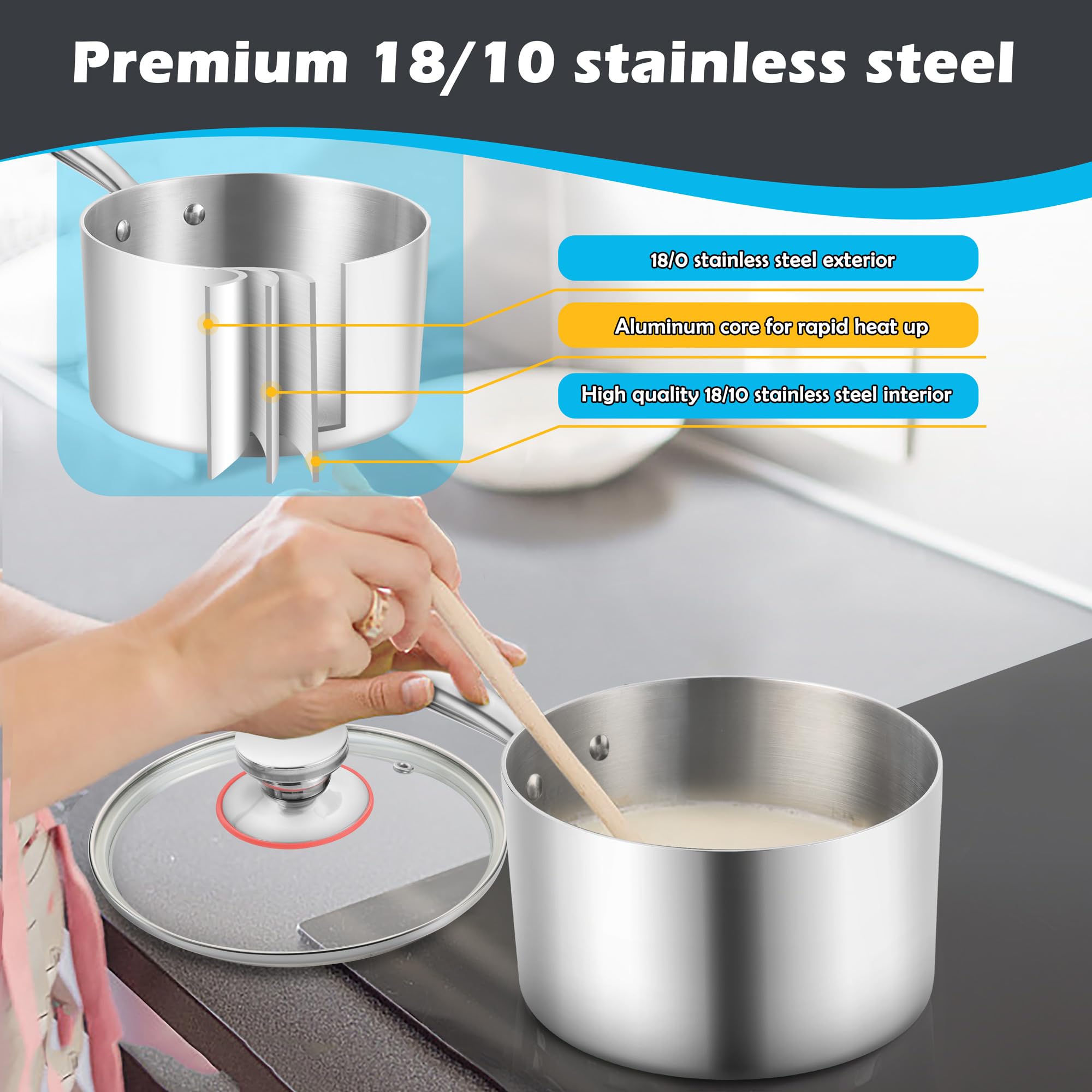 E-far riveted ergonomic handle ensures a secure grip while cooking.