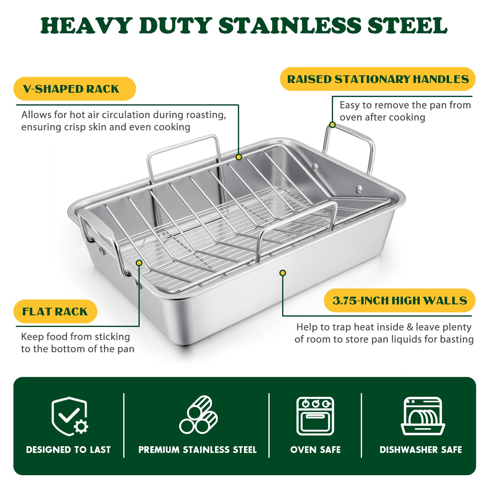 E-far roaster with flat rack bottom for cooling pies and baking vegetables.