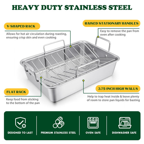 E-far roaster with flat rack bottom for cooling pies and baking vegetables.