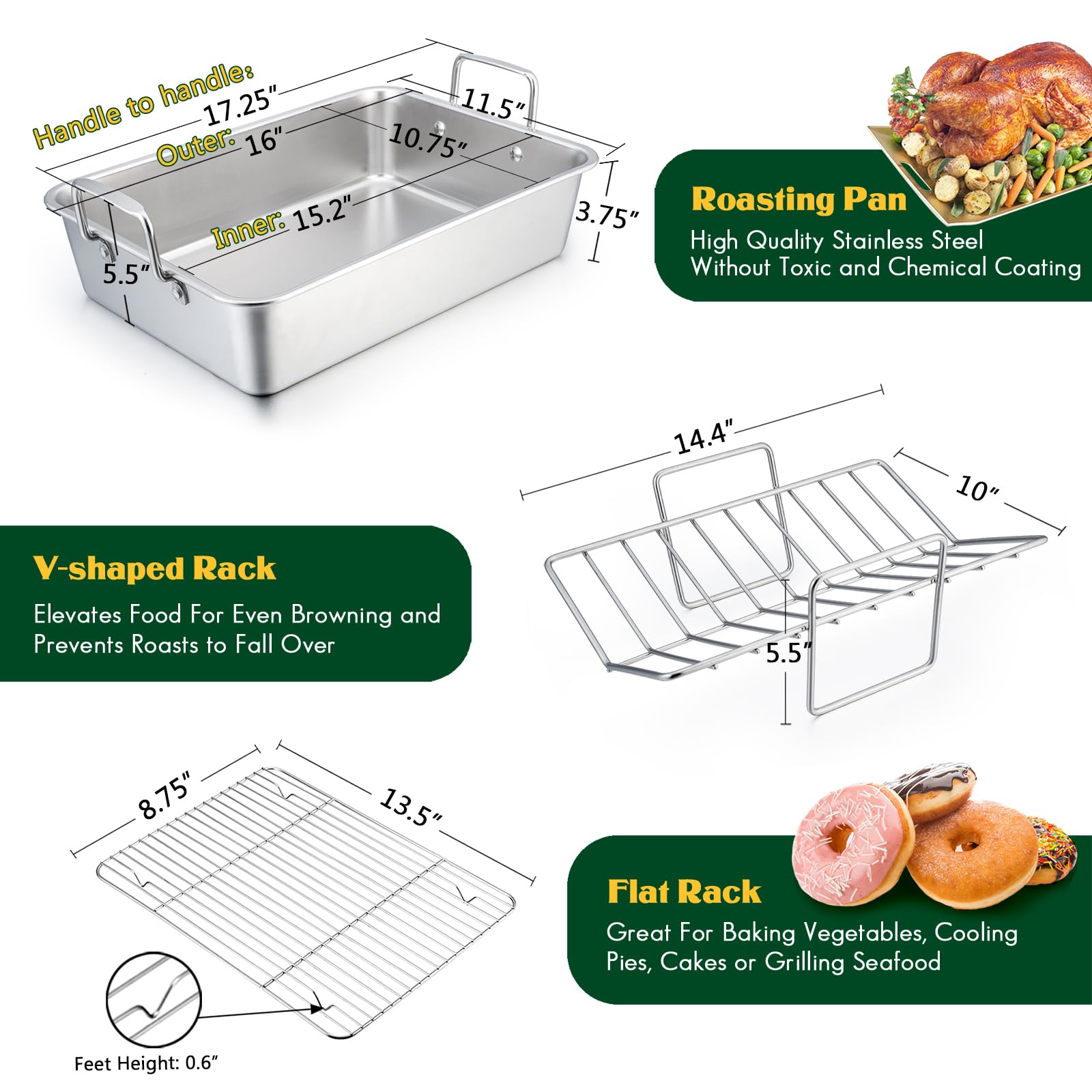 E-far roasting pan with V-shaped rack ensures even browning.
