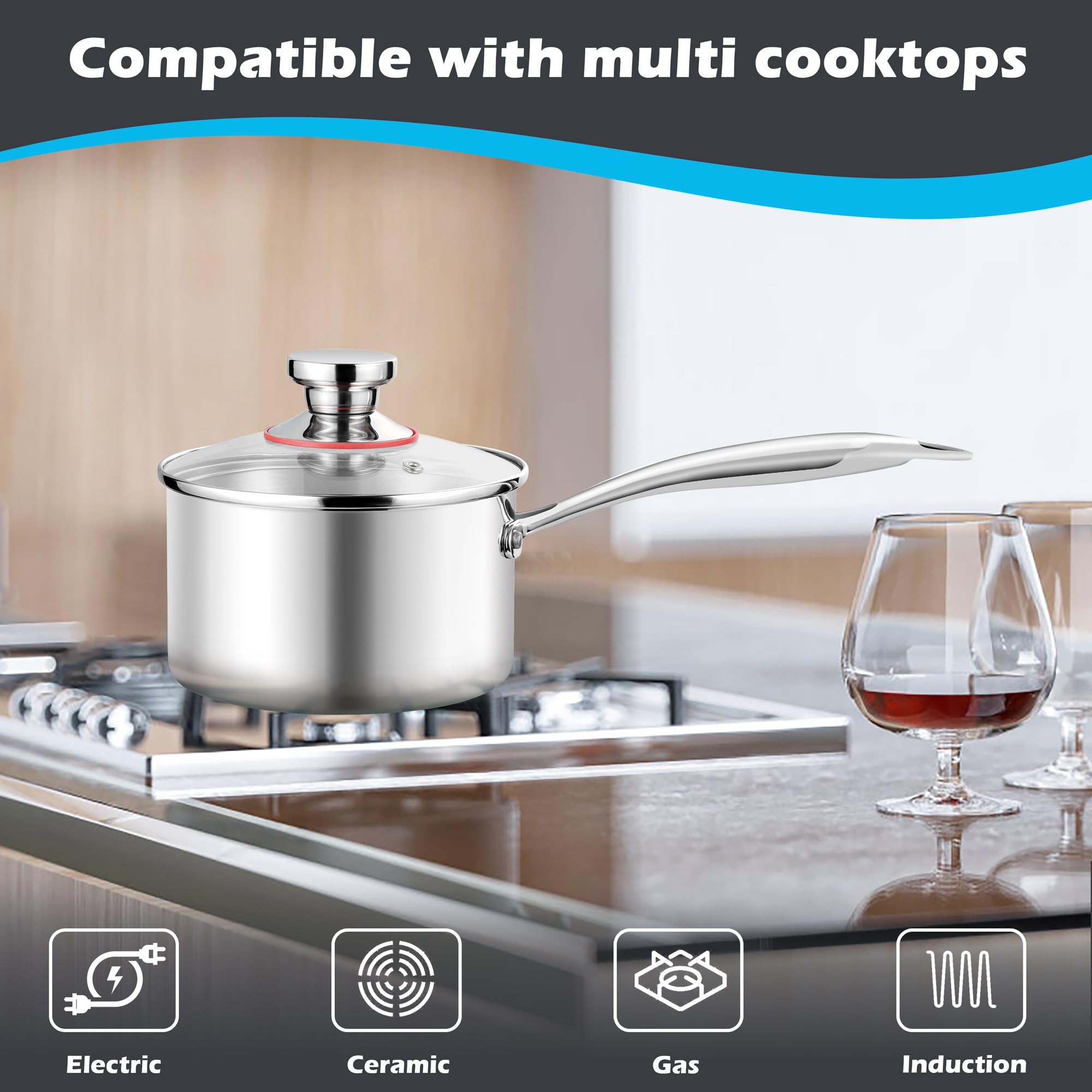 E-far induction-compatible saucepan with flat bottom for versatile use.
