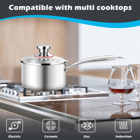 E-far induction-compatible saucepan with flat bottom for versatile use.