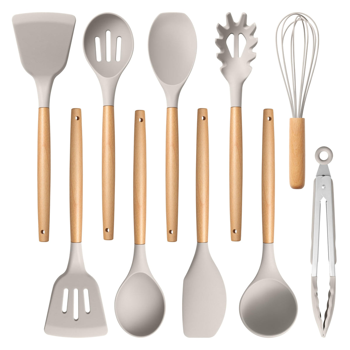 efar silicone cooking utensils set with wooden handle highlighting nonstick compatibility and heat resistance.