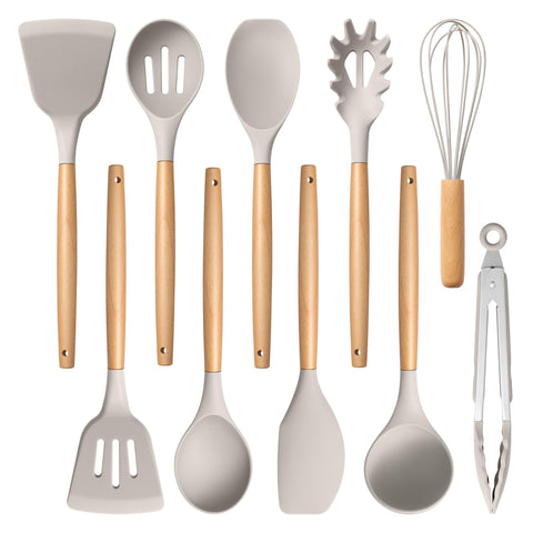 efar silicone cooking utensils set with wooden handle highlighting nonstick compatibility and heat resistance.