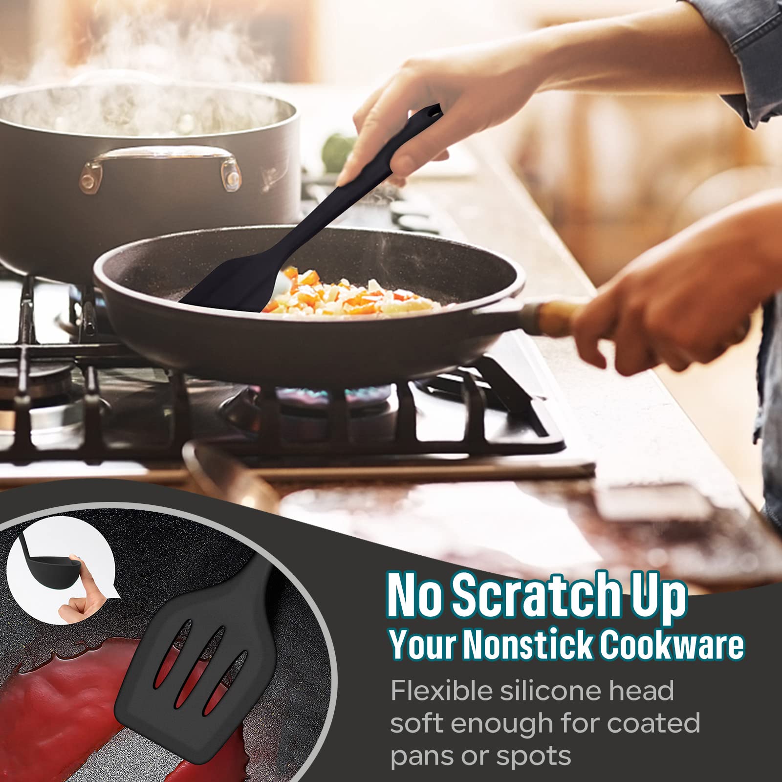 E-far slotted spoon in black, drains liquids without scratching
