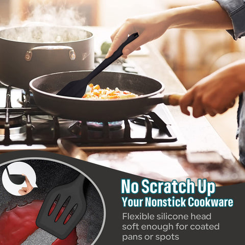 E-far slotted spoon in black, drains liquids without scratching