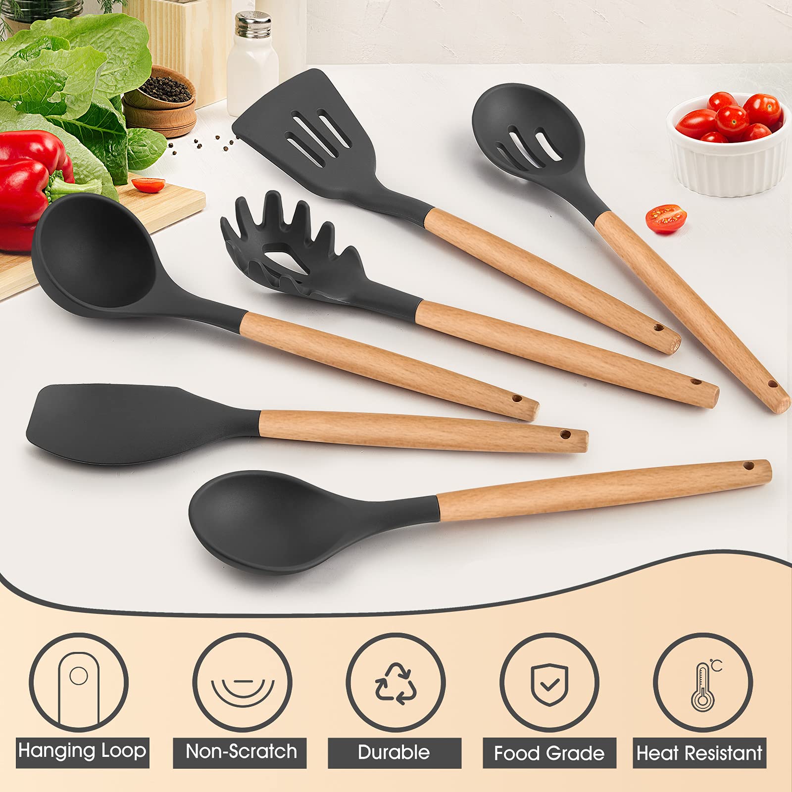 E-far slotted spoon gray silicone head resists heat and scratches.