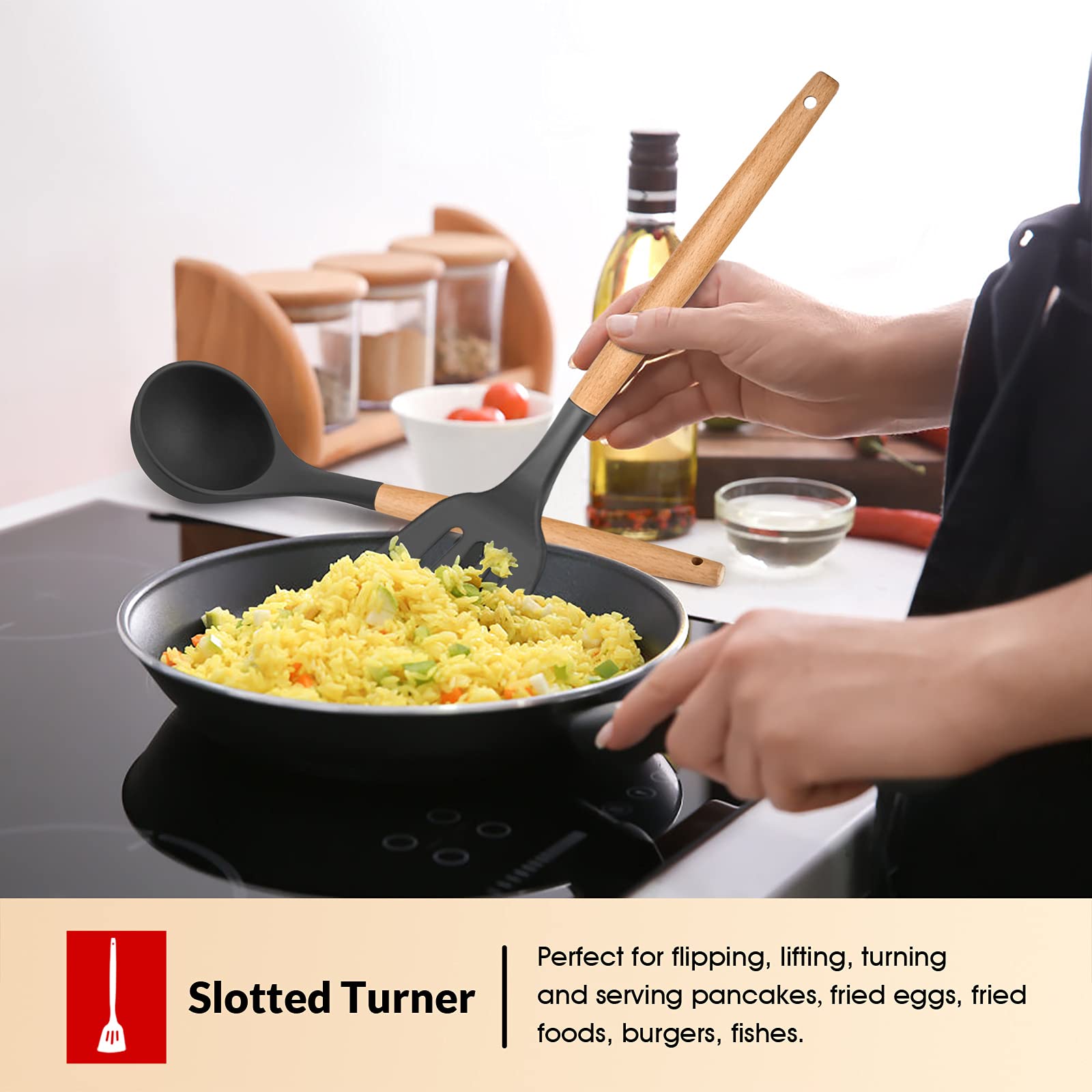 E-far soup ladle with gray silicone head for easy stirring.