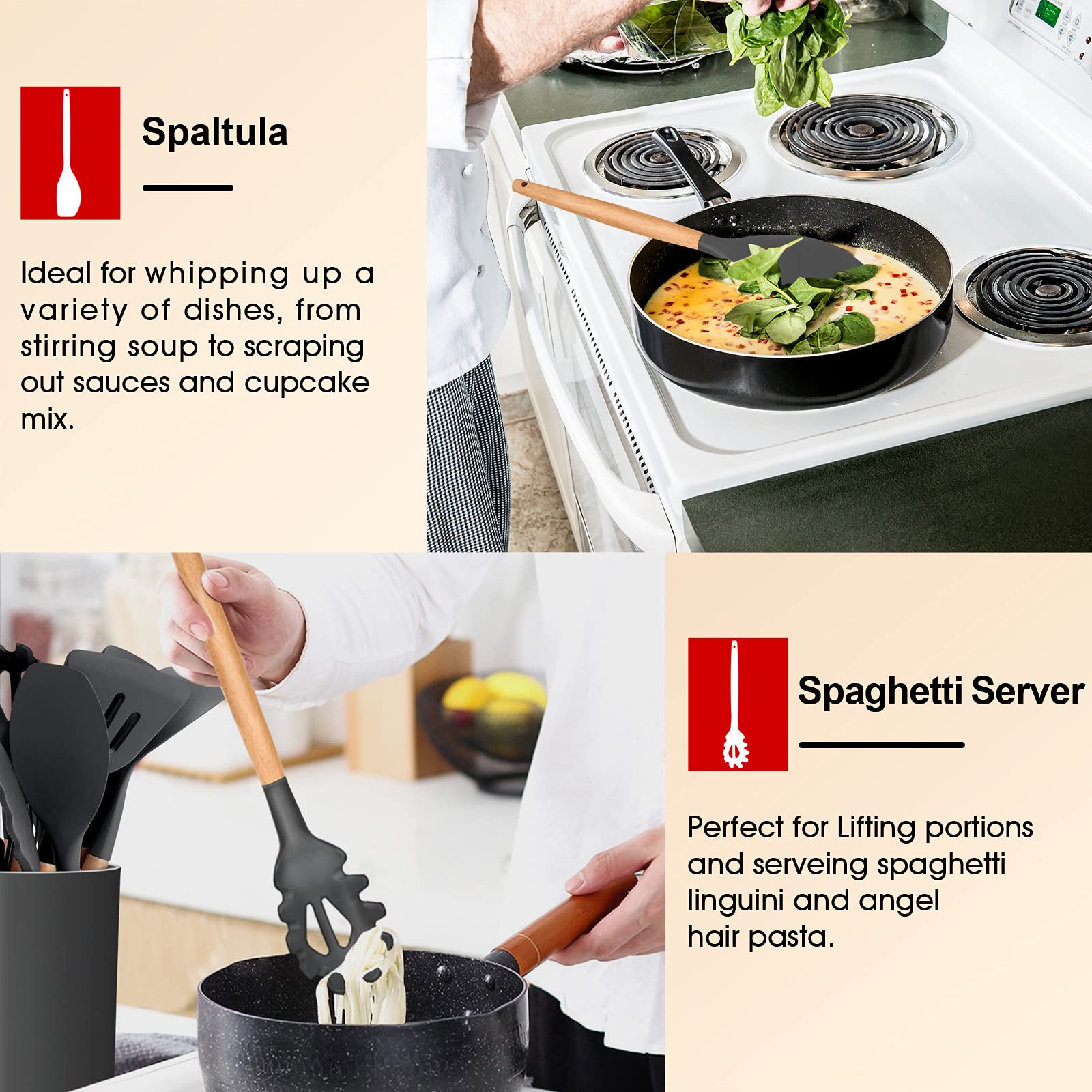 E-far spaghetti server with gray silicone head ideal for pasta.