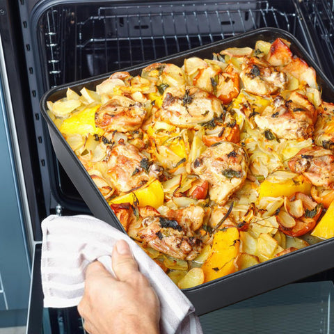 E-far square pan in use for cake batter and baking.