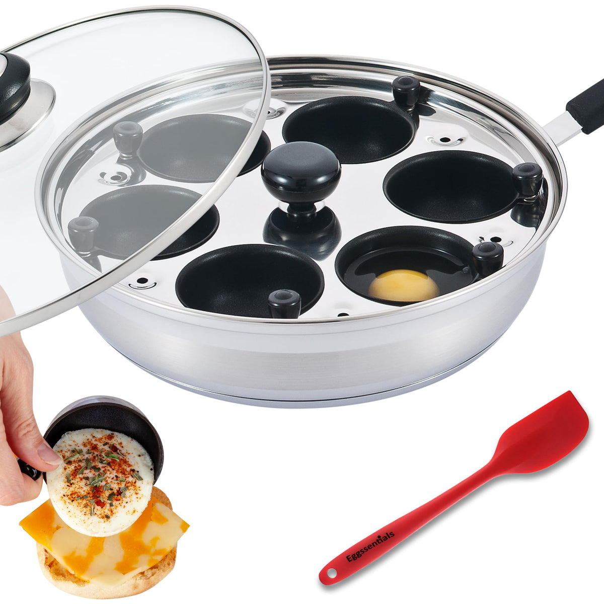 Eggssentials egg poacher pan front view showing six cups for easy poaching
