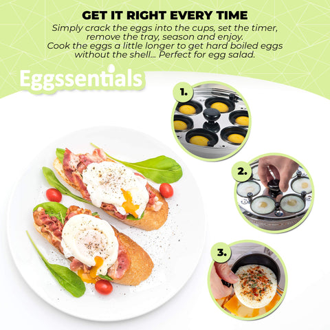 Eggssentials six-cup setup ready for batch poaching