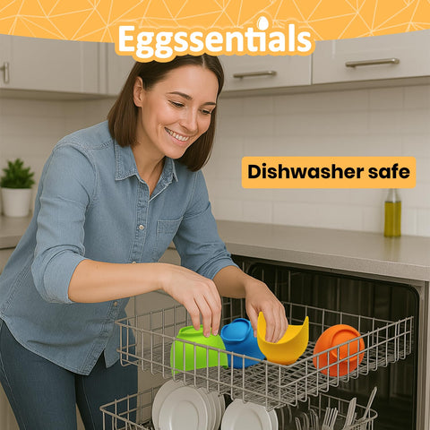 Eggssentials poached egg cups dishwasher-safe for easy cleanup.