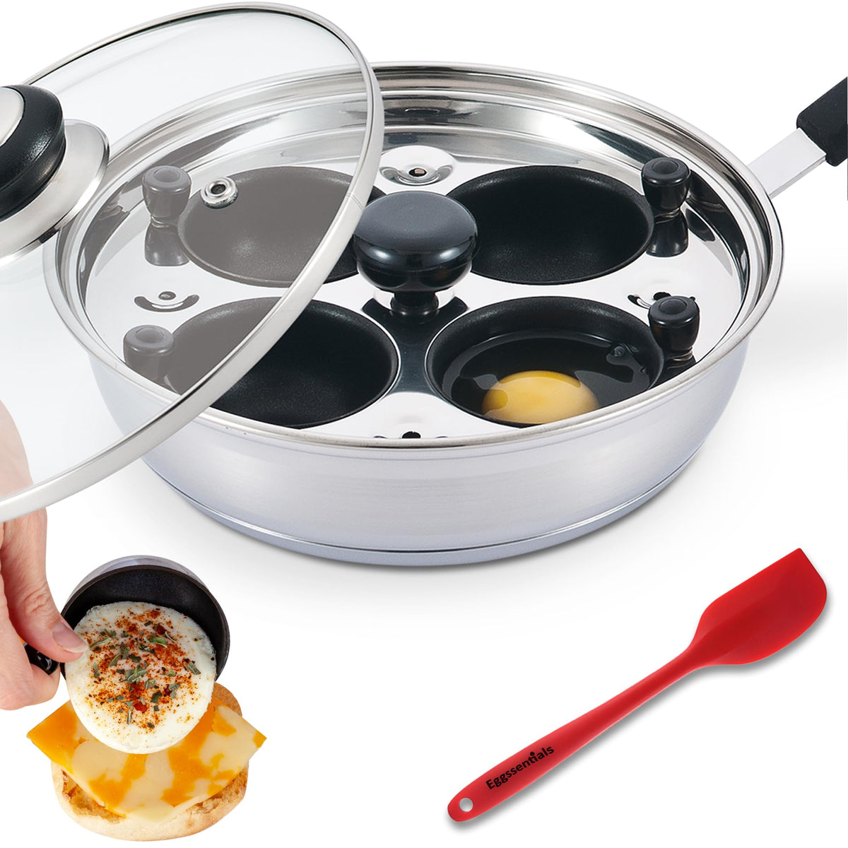 Eggssentials poached egg maker pan top view with large 75ml cups for even poaching.