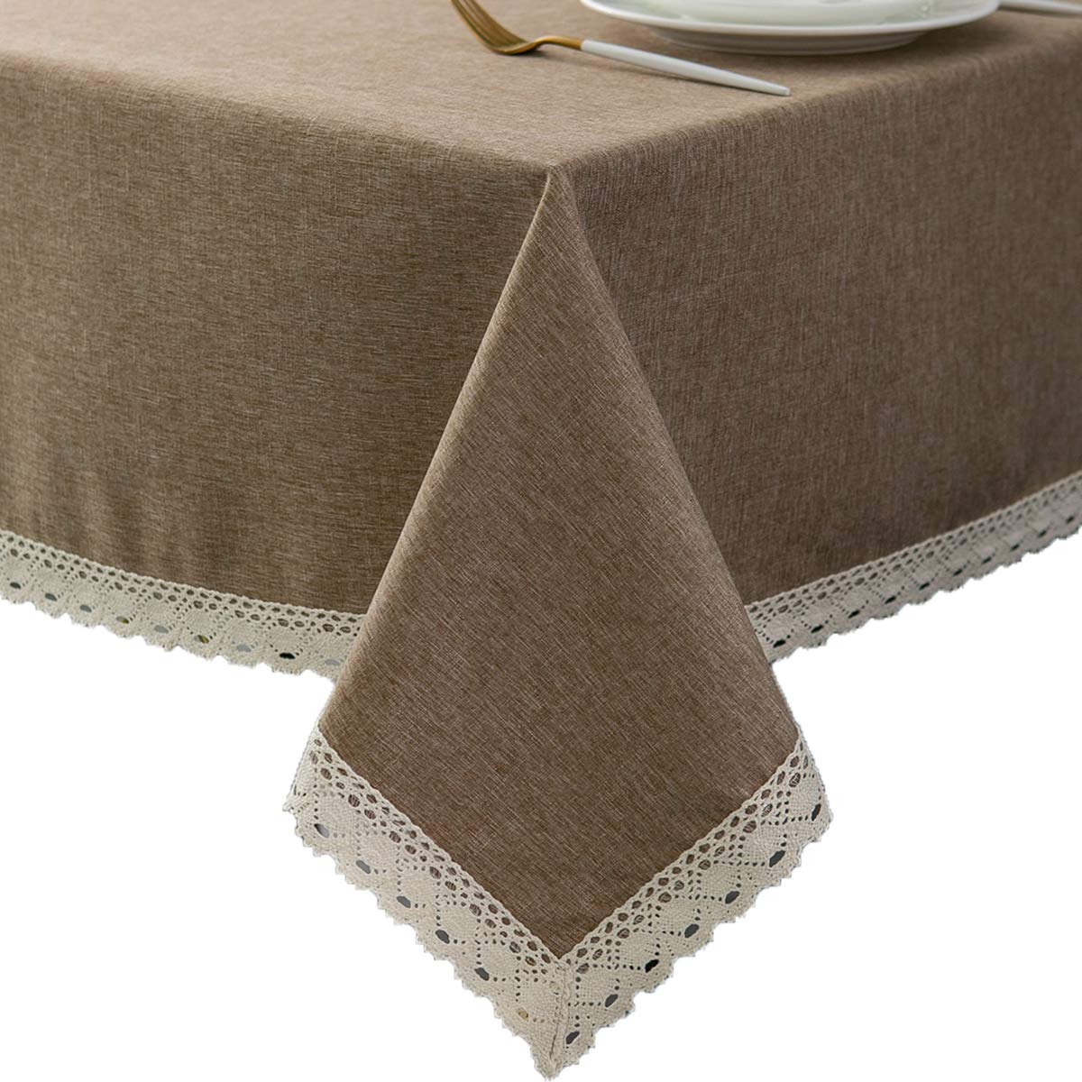 EHouseHome faux linen tablecloth with lace edge for elegant indoor and outdoor dining.