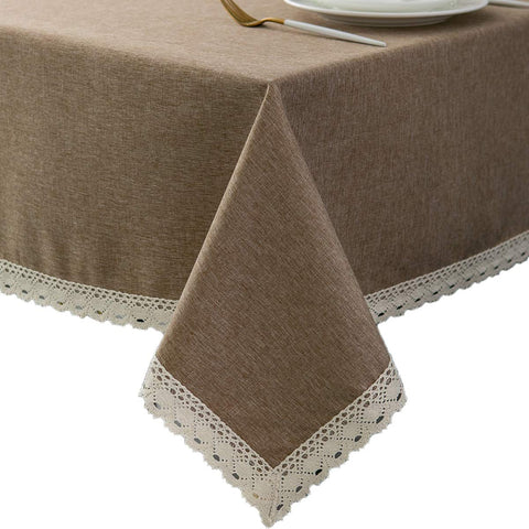 EHouseHome faux linen tablecloth with lace edge for elegant indoor and outdoor dining.