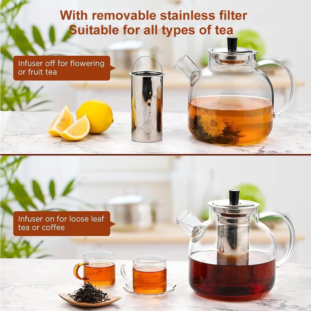 Ehugos borosilicate teapot endures temperature changes for hot or cold brews