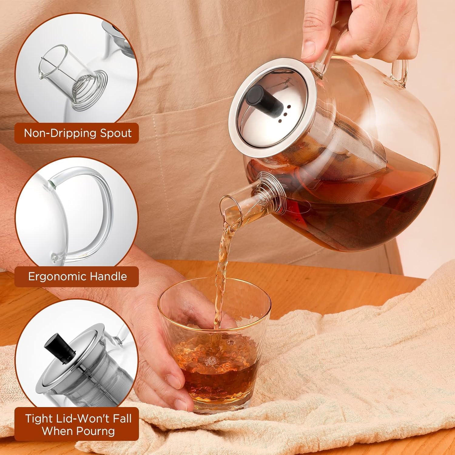 Ehugos stovetop-safe glass teapot heats on gas or electric stoves