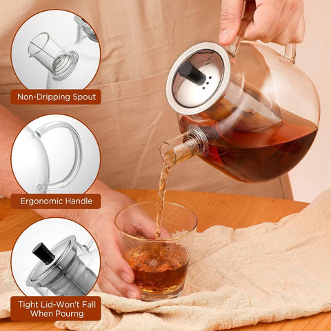 Ehugos stovetop-safe glass teapot heats on gas or electric stoves