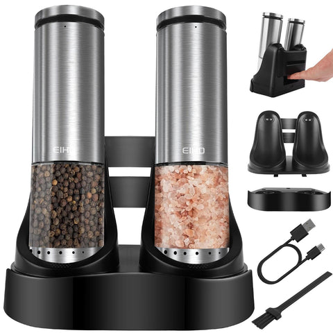 EIHO electric salt and pepper grinder with external coarseness adjustment for clean seasoning