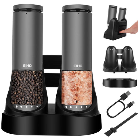 EIHO electric grinder set front view with sleek aluminum body for easy seasoning