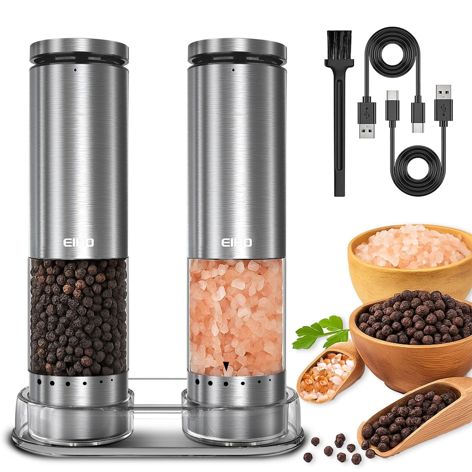 EIHO electric salt and pepper grinder set with USB-C charging for hands-free seasoning