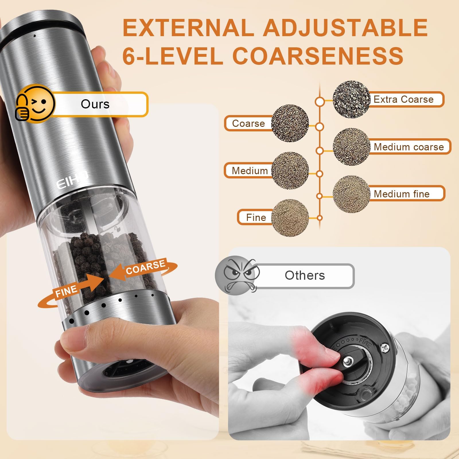 EIHO one-handed operation with external coarseness adjuster for quick seasoning
