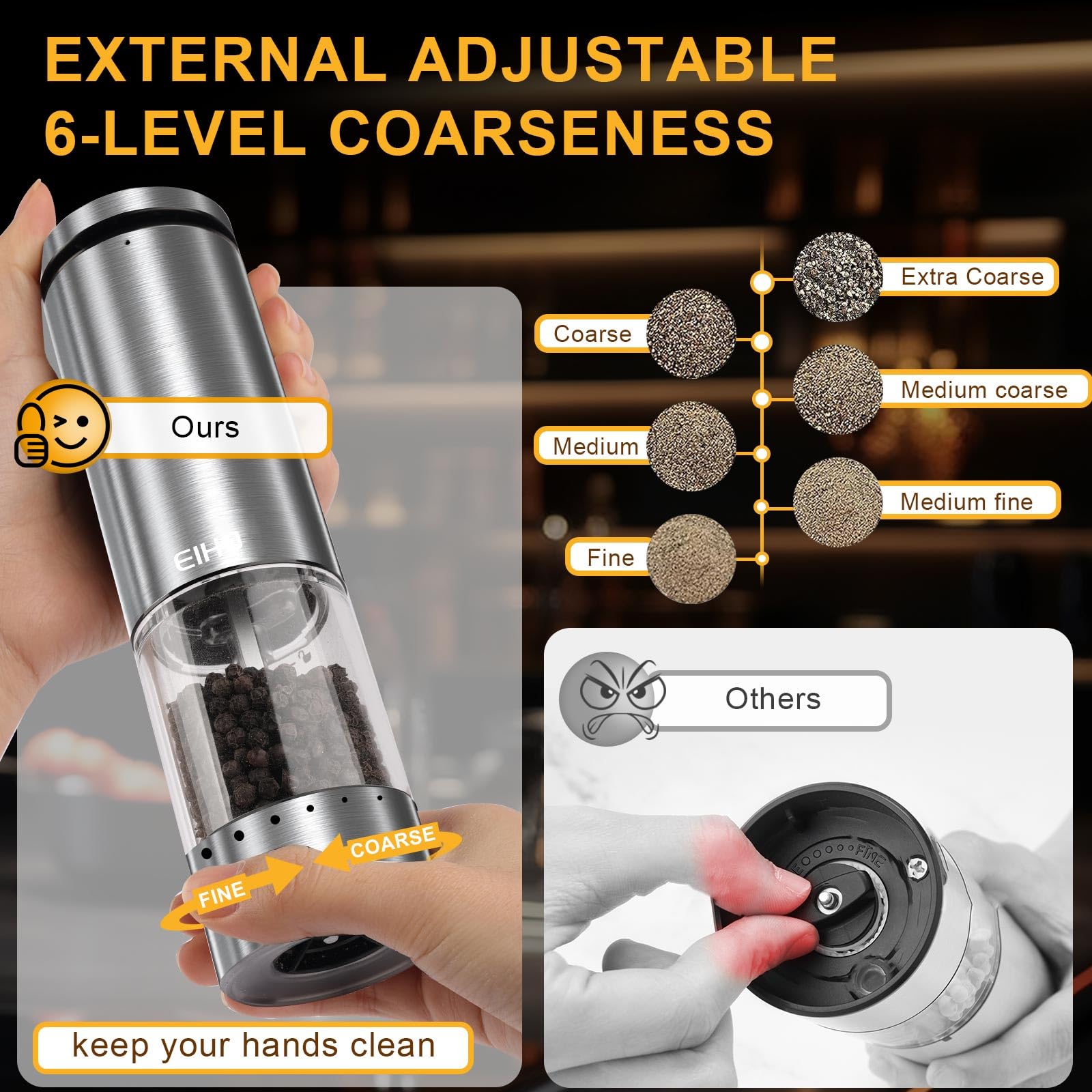 EIHO grinder with clear acrylic bottle shows remaining spices at a glance