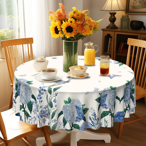 Eikione round tablecloth showing waterproof, stain-resistant surface for spills
